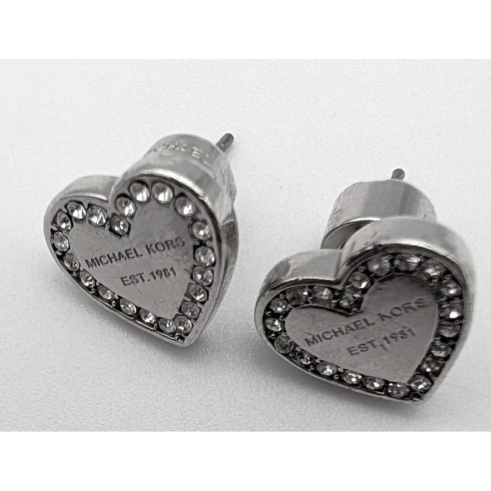 Michael‎ Kors Silver Tone Crystal Heart Stud Earrings MK EST 1981 Logo